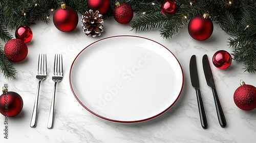 Christmas table setting with red decorations, silverware and an empty plate ready for the festive meal.