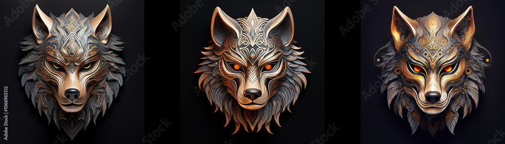 Three wolf masks are isolated on a black background. Three wolf masks are isolated on a black background.