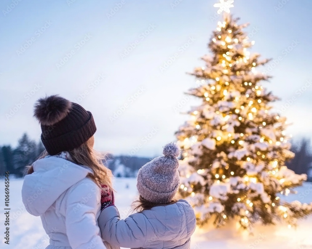Fototapeta premium American small-town Christmas parade with large decorated Christmas tree children playing