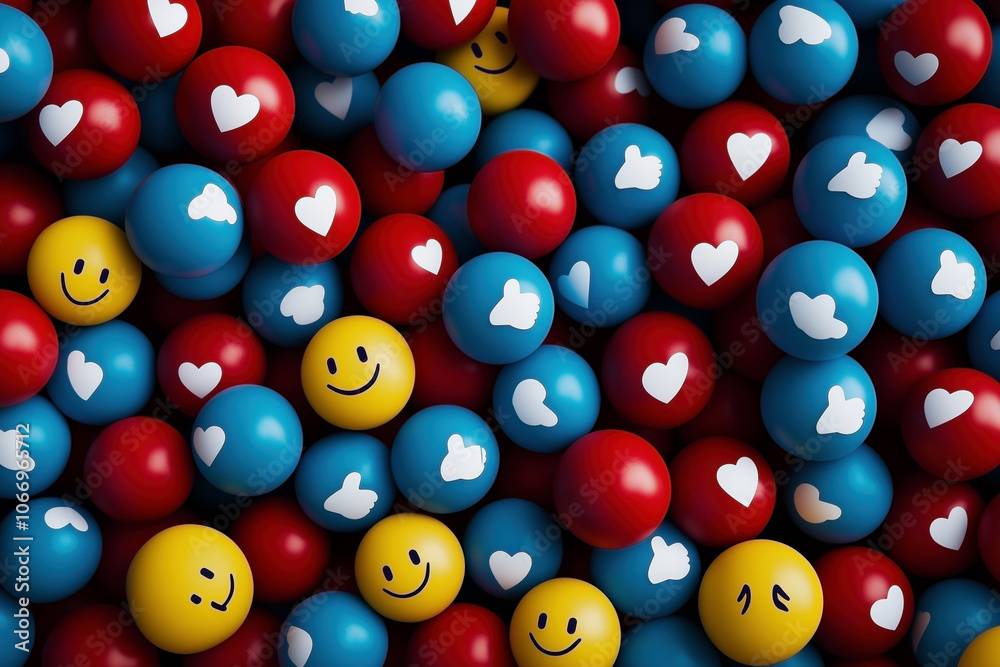 Blue, red and yellow balls with social media icons Blue, red and yellow balls with social media icons