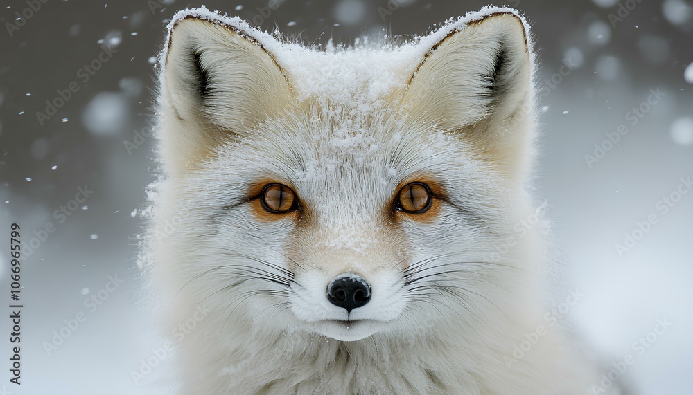 Fototapeta premium Closeup of white arctic fox in snow. The fox's thick, white fur blends with the snowy background, showcasing its sharp eyes and delicate features. Ideal for winter wildlife themes, nature photography