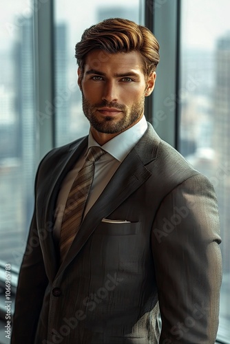 A handsome muscular man with rich chestnut brown with subtle auburn highlights hair, warm hazel eyes and light stubble wearing an elegant suit looking.generative ai