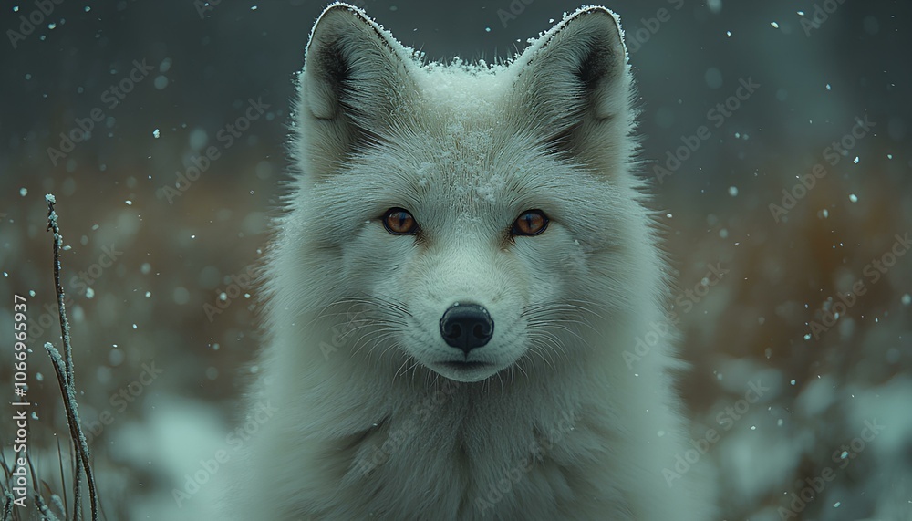Obraz premium Closeup of white arctic fox in snow. The fox's thick, white fur blends with the snowy background, showcasing its sharp eyes and delicate features. Ideal for winter wildlife themes, nature photography