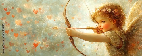 Charming cupid with delicate wings, aiming his bow and arrow, surrounded by lovefilled hearts, against a soft pastel background, evoking romance and warmth photo