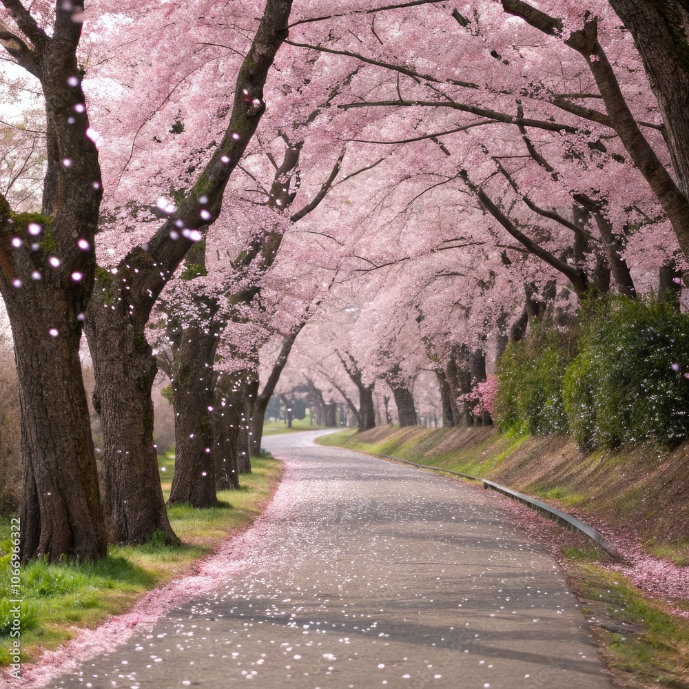 A tranquil sakura tree path with pink blossoms lining the serene road. Generative AI A tranquil sakura tree path with pink blossoms lining the serene road. Generative AI