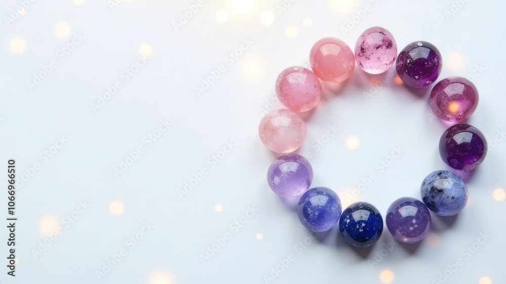 circular arrangement of round natural stones crystals in pink purple blue colors on white surface with bokeh lights, top view, banner with copy space. natural stones, esoteric, healing stones concept circular arrangement of round natural stones crystals in pink purple blue colors on white surface with bokeh lights, top view, banner with copy space. natural stones, esoteric, healing stones concept