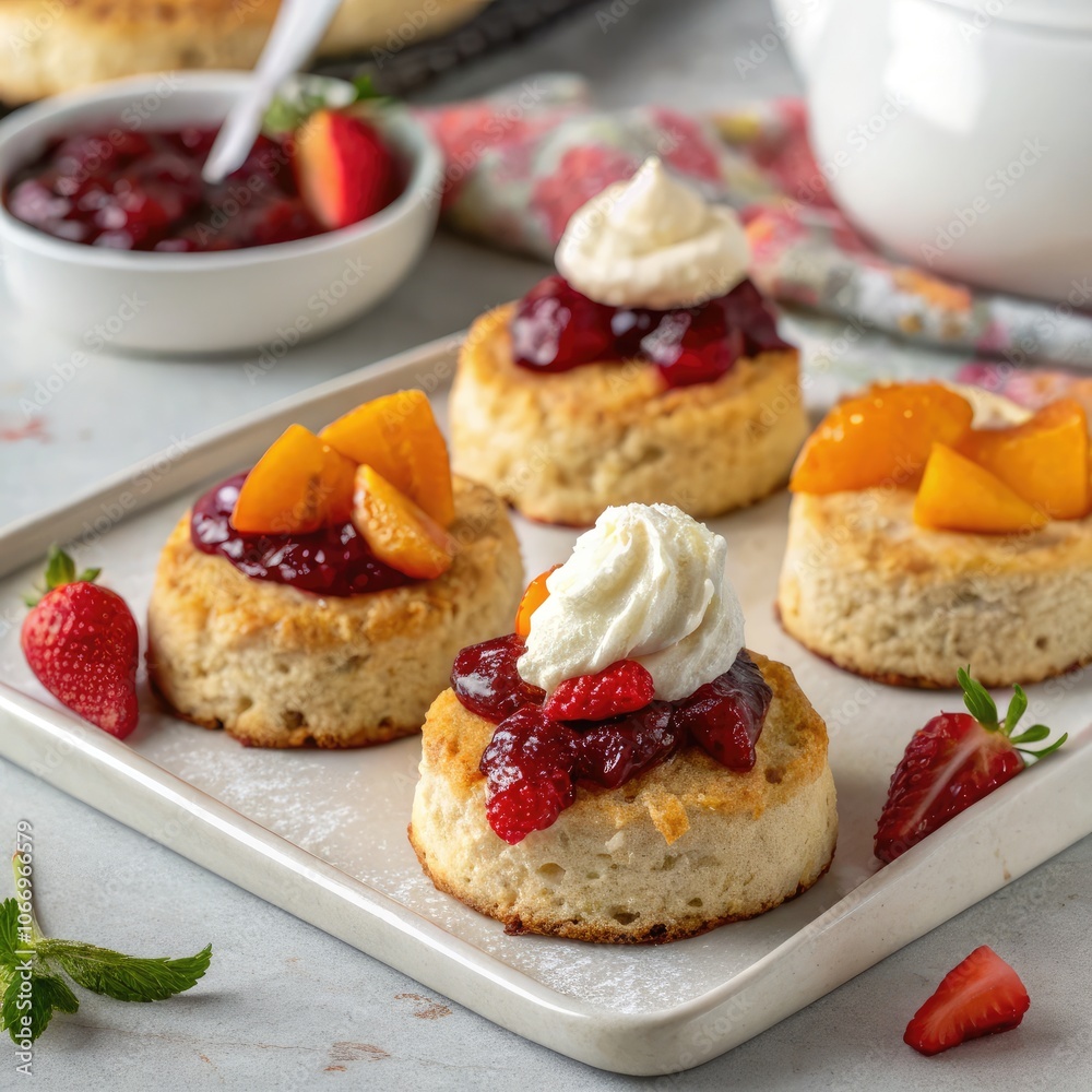 Delicious scones topped with fruit and whipped cream on a cheerful table setting. Generative AI Delicious scones topped with fruit and whipped cream on a cheerful table setting. Generative AI