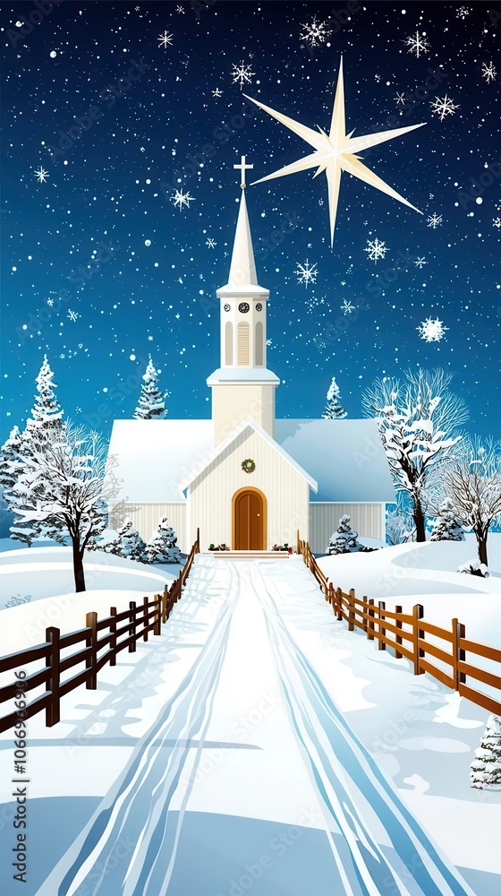 Illustration of a snowy church scene under a starry night sky with trees and a fence, evoking winter holidays. Illustration of a snowy church scene under a starry night sky with trees and a fence, evoking winter holidays.