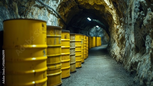 Yellow barrels containing toxic waste stored in underground tunnel photo