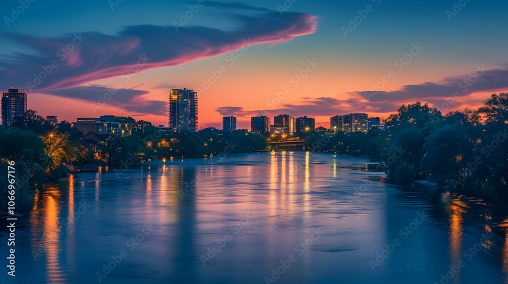 Fototapeta premium The warm glow of a citys night lights reflected on a pastel river AI generated illustration