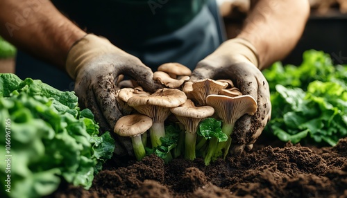 Farmer harvesting fresh mushrooms growing in soil on a farm, carefully picking the ripe mushrooms amidst lush green farmland