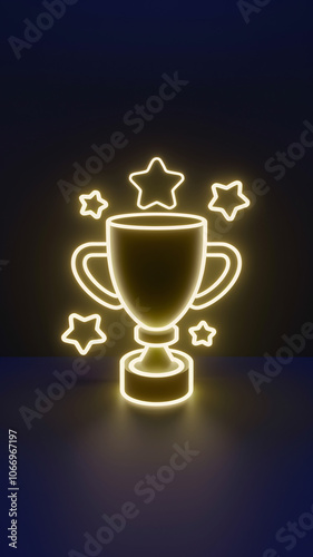 Bright neon-style glowing gold trophy cup surrounded by stars on a dark blue background, representing victory and celebration. The illuminated outline and stars emphasize success, achievement, and spo