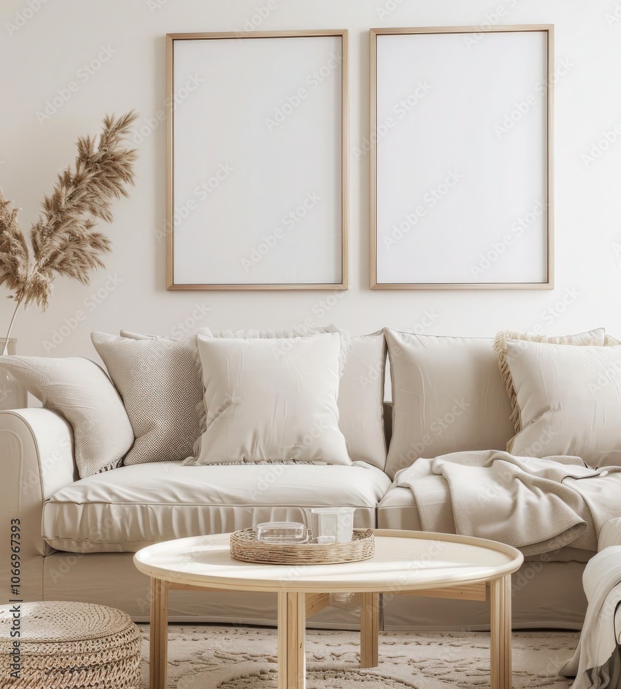 Minimalist living room interior with a white sofa. two empty picture frames. a round coffee table. and natural elements Minimalist living room interior with a white sofa. two empty picture frames. a round coffee table. and natural elements