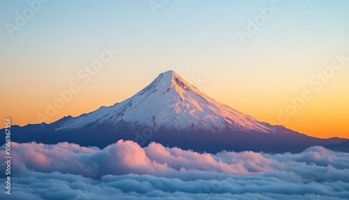 A zoom-in view of a majestic volcanic mountain surrounded by soft clouds at sunset