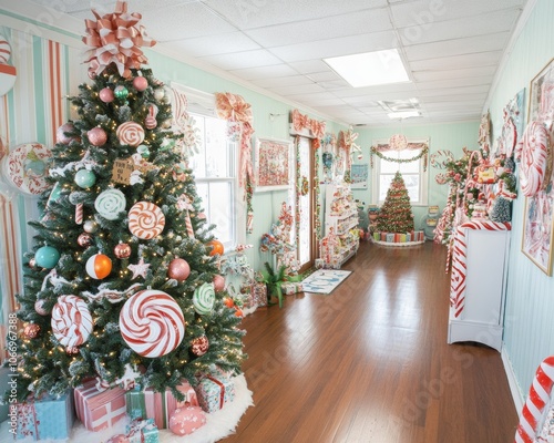 Bright whimsical Christmas tree in American candy store photo