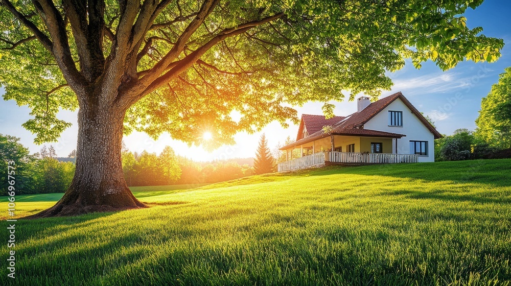 Dream Home Sunlit House Lush Lawn Majestic Tree Dream Home Sunlit House Lush Lawn Majestic Tree