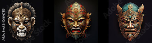 Three ornate masks are isolated on a black background.