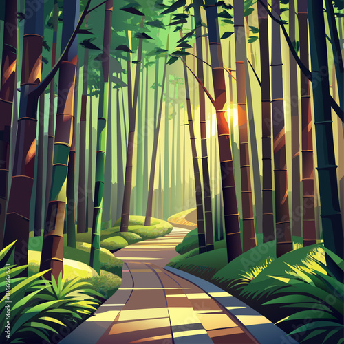 Serene bamboo forest bathed in warm sunlight