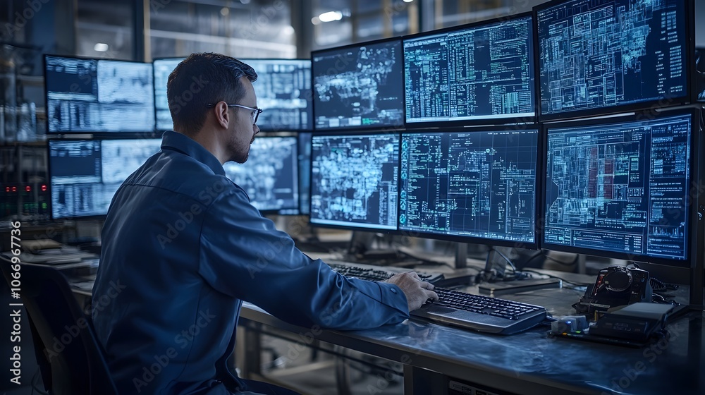 Engineer Surrounded by Monitors Displaying Real-Time Data Streams in Tech-Focused Control Room Engineer Surrounded by Monitors Displaying Real-Time Data Streams in Tech-Focused Control Room
