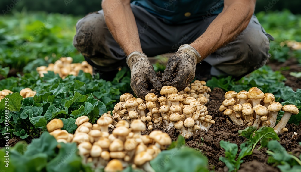 Fototapeta premium Farmer plucking fresh mushrooms from the soil on a farm, surrounded by green fields and healthy mushroom clusters, reflecting farmtotable freshness