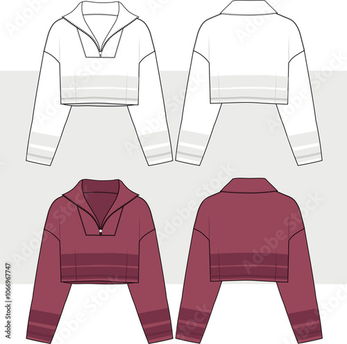 sweatshirt fashion drawing with zip details technical drawing, template, flat, sketch. Jersey or woven fabric sweatshirt with front, back view