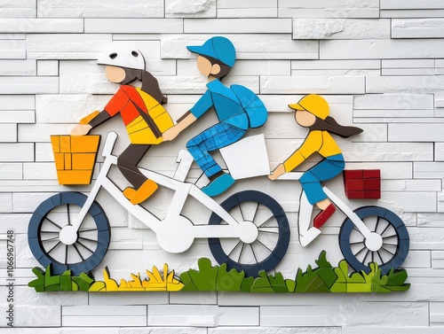 Fun family biking illustration, children riding on a bicycle, vibrant colors, isolated.