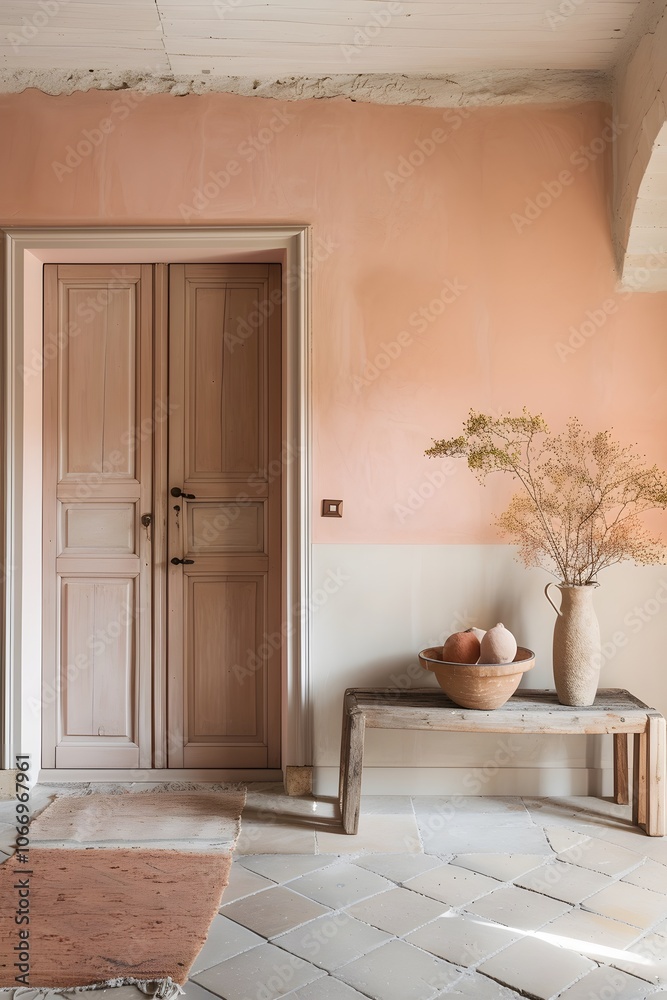 Fototapeta premium Warm and cozy pastel colored home entrance in minimalist AI generated illustration