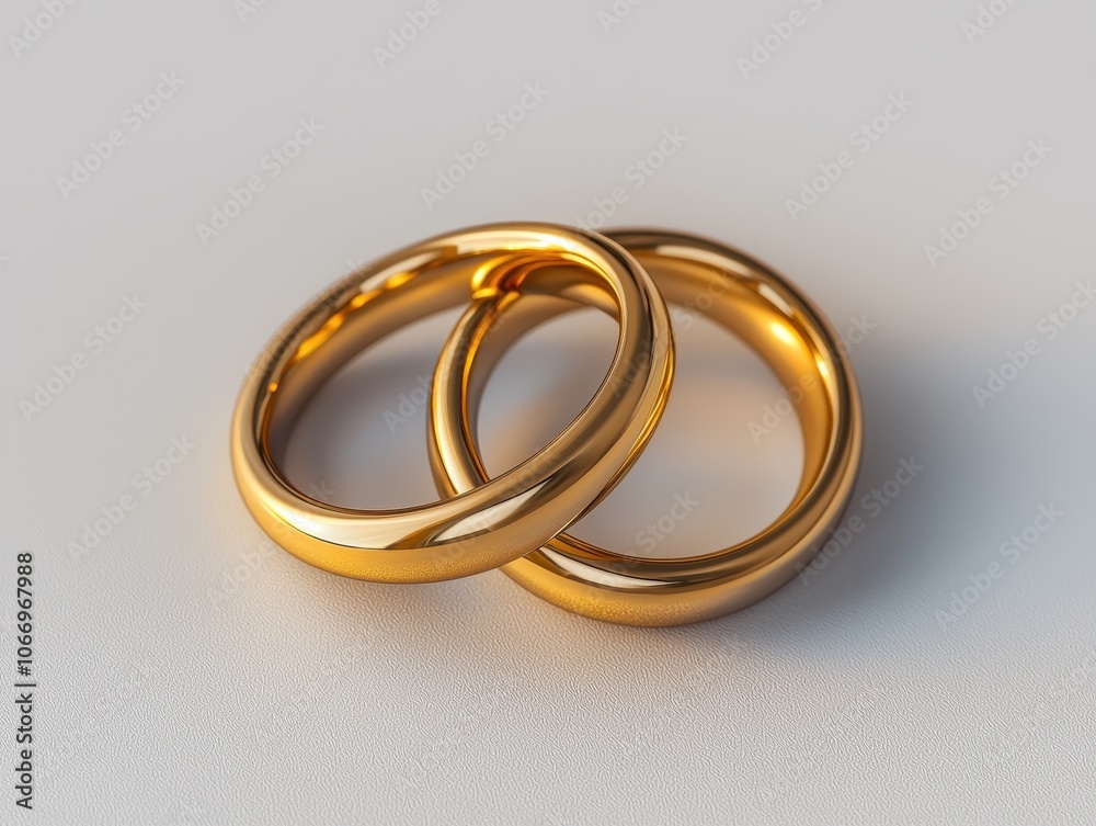 Close-up of two interlocking gold wedding rings on a white background, symbolizing marriage, commitment, and eternal love in a minimalist style.