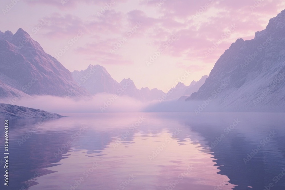 A calm lake surrounded by mountains at dawn with a light mist hovering over the water. Soft pink and purple sky reflecting on the water. A calm lake surrounded by mountains at dawn with a light mist hovering over the water. Soft pink and purple sky reflecting on the water.