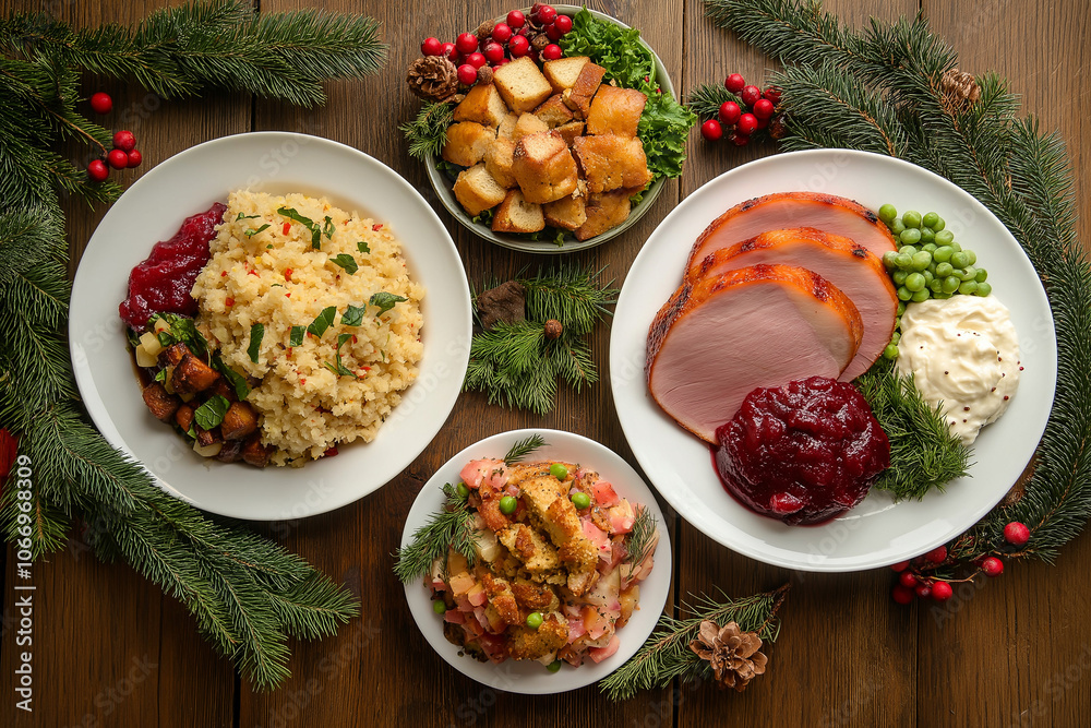A table with a variety of food, including a ham, potatoes, and gravy A table with a variety of food, including a ham, potatoes, and gravy