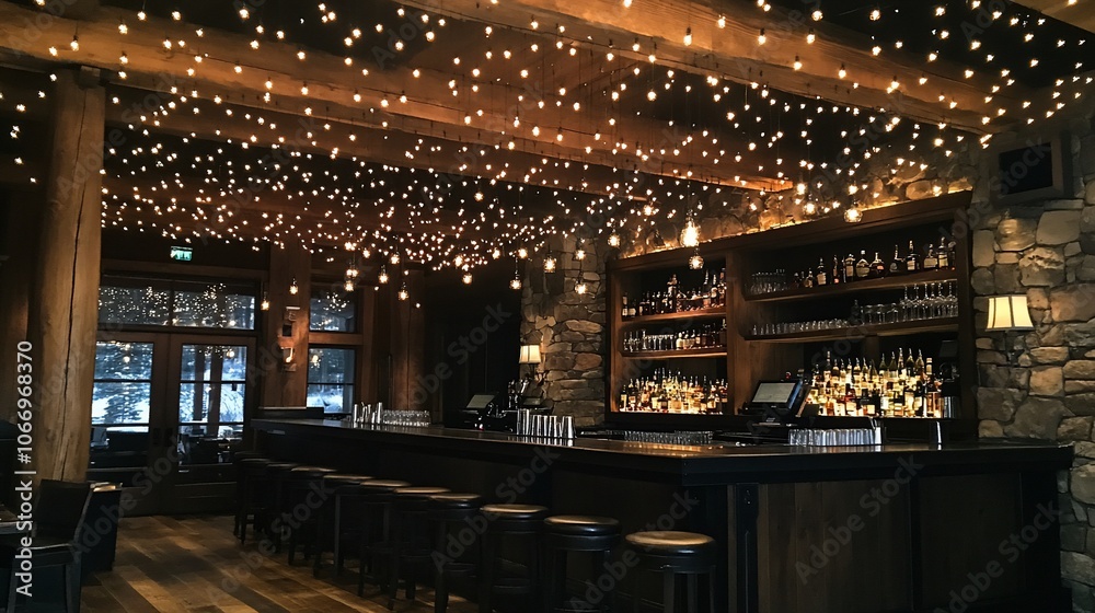 A dimly lit bar with a rustic wooden ceiling and stone walls, adorned with string lights and a bar stocked with liquor. A dimly lit bar with a rustic wooden ceiling and stone walls, adorned with string lights and a bar stocked with liquor.