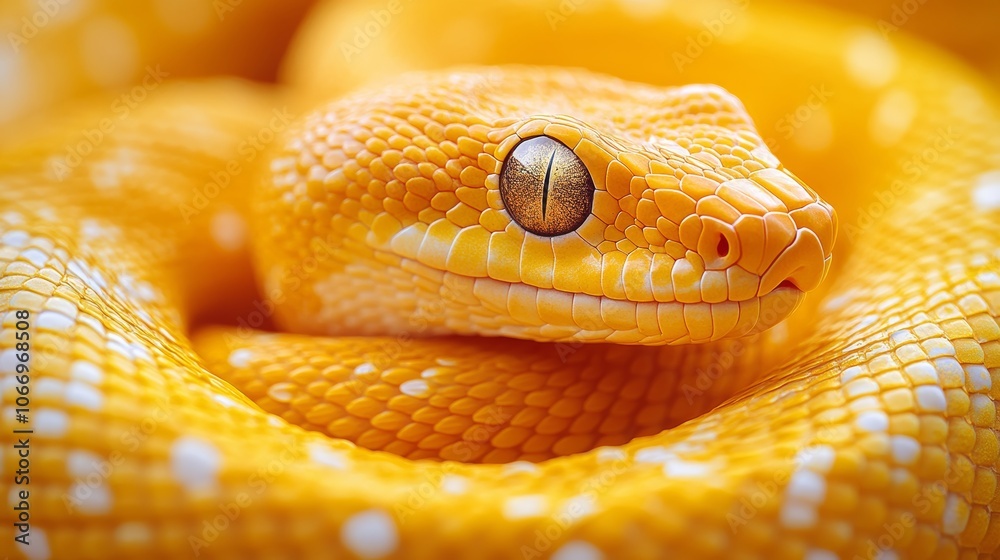 Fototapeta premium Golden snake coiled and staring with intense gaze