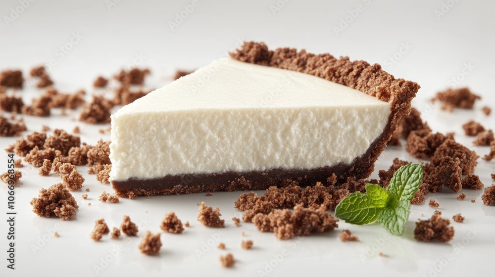 Creamy New York Cheesecake Slice Chocolate Crust Mint Garnish Dessert Food Photography Creamy New York Cheesecake Slice Chocolate Crust Mint Garnish Dessert Food Photography