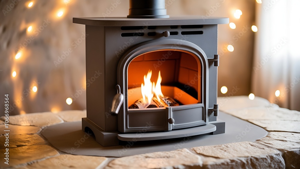 A wood-burning stove with a roaring fire inside, set against a backdrop of warm, twinkling lights. A wood-burning stove with a roaring fire inside, set against a backdrop of warm, twinkling lights.