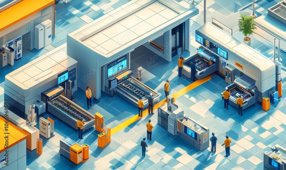Isometric view of airport security with X-ray scanners, passengers lining up, and security officers monitoring Isometric view of airport security with X-ray scanners, passengers lining up, and security officers monitoring