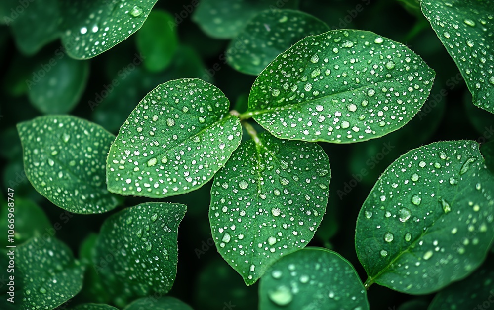 Fototapeta premium Green lettuce leaves covered with fresh, sparkling water drops, highlighting the natural texture and deep green color in a fresh, dewy environment
