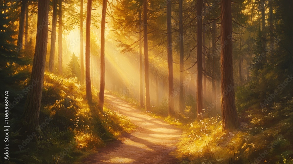 Naklejka premium Golden sunlight illuminating forest path at sunrise
