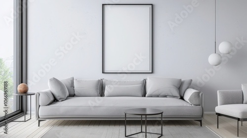 A modern living room with a large. empty picture frame. a comfortable armchair. a small table. and a potted plant in the corner