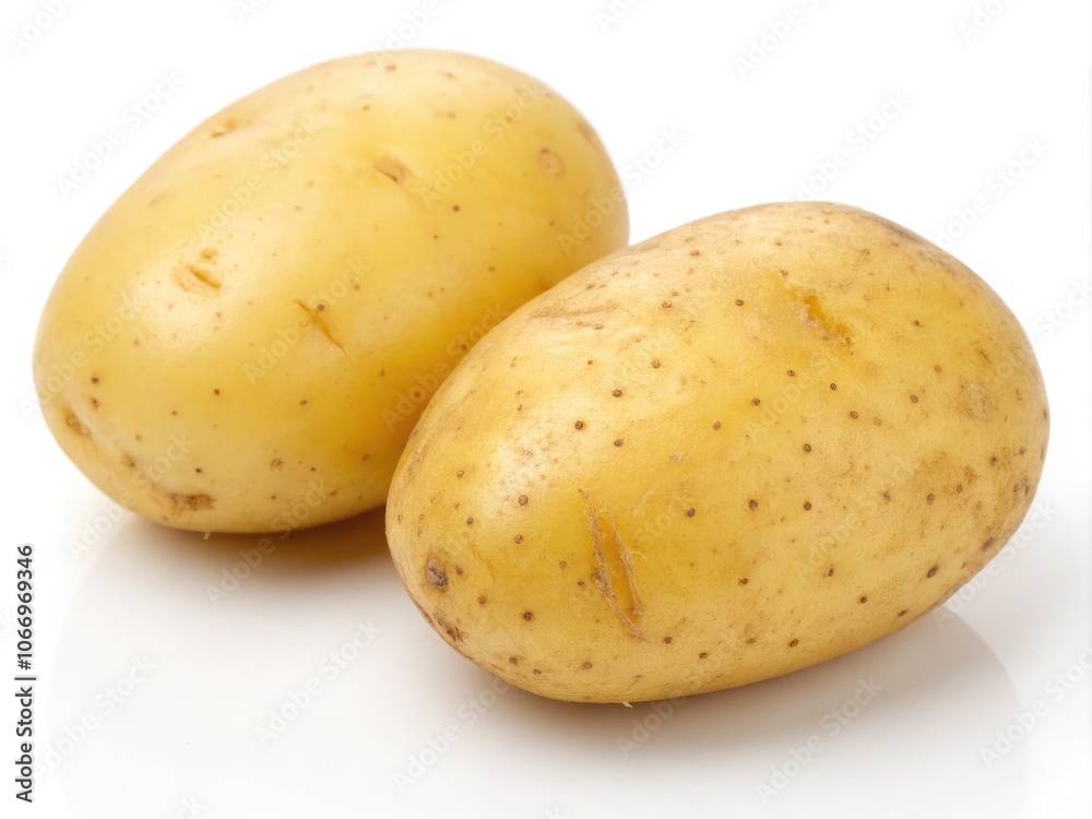 Two young fresh potatoes on a white background for nutritional and culinary use. Generative AI Two young fresh potatoes on a white background for nutritional and culinary use. Generative AI