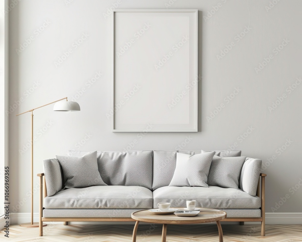A minimalistic living room with a white sofa. wooden coffee table. and a large empty frame on the wall A minimalistic living room with a white sofa. wooden coffee table. and a large empty frame on the wall