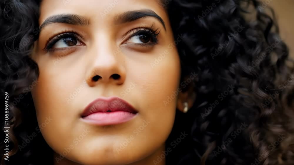 Contemplative woman with curly hair in thoughtful expression sequence Contemplative woman with curly hair in thoughtful expression sequence