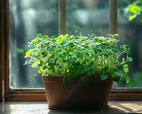 Lush, vibrant microgreens thriving in a container on a sunny windowsill, capturing the beauty of fresh, green growth in natural light