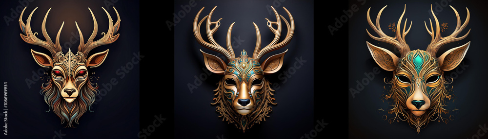 Three detailed deer masks with intricate designs, isolated against a black background. Three detailed deer masks with intricate designs, isolated against a black background.
