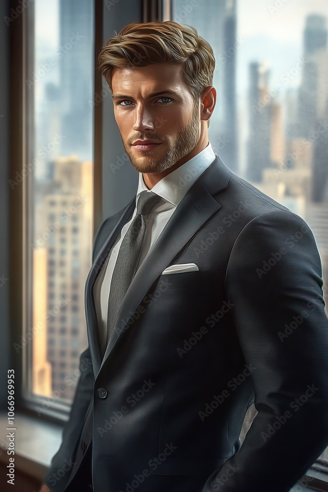 A handsome muscular man with rich chestnut brown with subtle auburn highlights hair, warm hazel eyes and light stubble wearing an elegant suit looking.generative ai A handsome muscular man with rich chestnut brown with subtle auburn highlights hair, warm hazel eyes and light stubble wearing an elegant suit looking.generative ai
