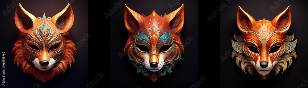 Three intricately designed fox masks are isolated against a black background. Three intricately designed fox masks are isolated against a black background.