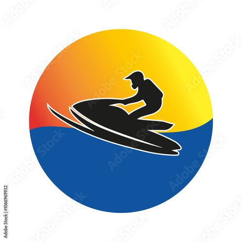Silhouette of a jet ski rider against a vibrant sunset, capturing adventure and excitement on the ocean. Perfect depiction of summer activities and aquatic thrill.