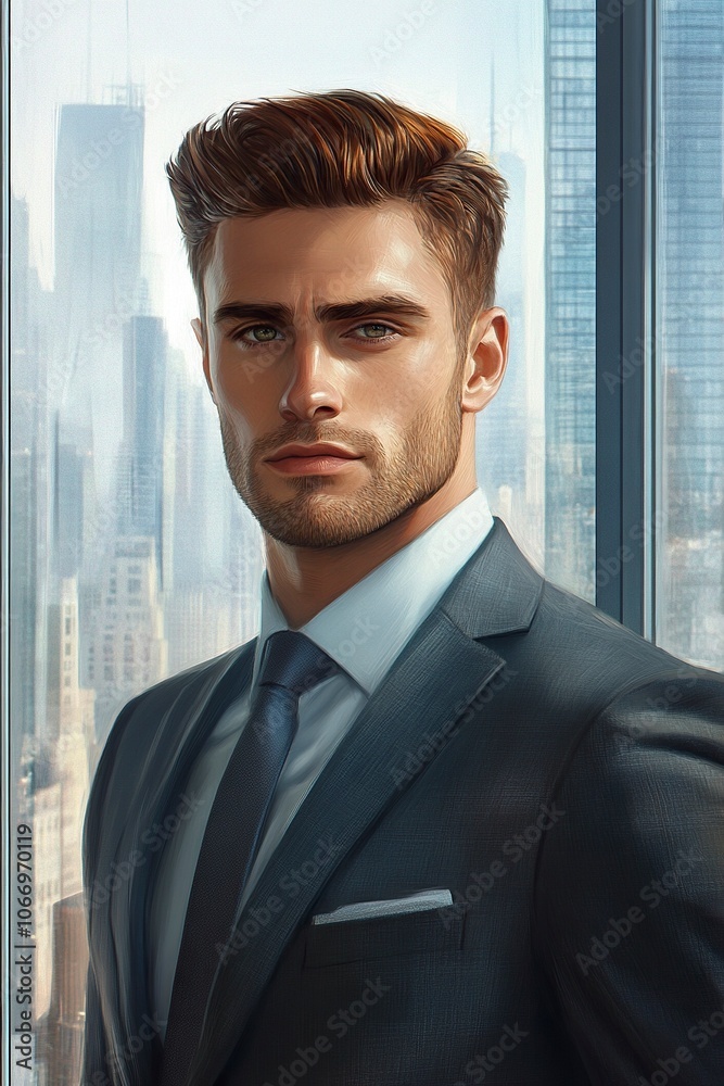 A handsome muscular man with rich chestnut brown with subtle auburn highlights hair, warm hazel eyes and light stubble wearing an elegant suit looking.generative ai A handsome muscular man with rich chestnut brown with subtle auburn highlights hair, warm hazel eyes and light stubble wearing an elegant suit looking.generative ai