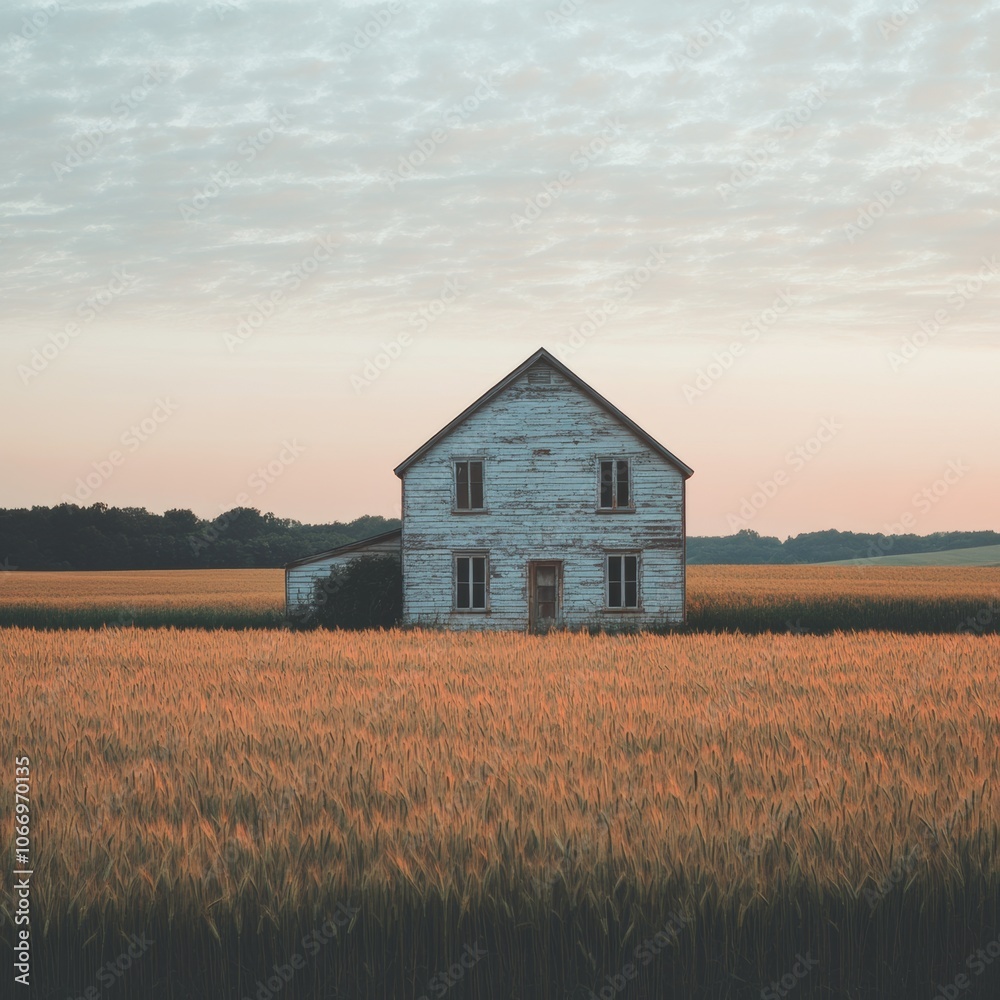 Rustic Farmhouse in Golden Wheat Field at Sunset Rustic Farmhouse in Golden Wheat Field at Sunset