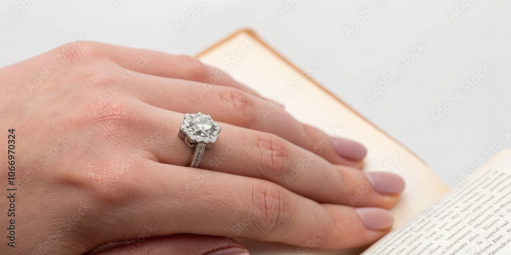 Woman's hand with a diamond ring resting on an open book on a white background. Generative AI Woman's hand with a diamond ring resting on an open book on a white background. Generative AI