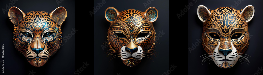 Three intricately crafted cheetah masks, isolated against a black background. Three intricately crafted cheetah masks, isolated against a black background.